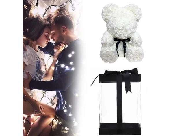 Homvare Foam Rose Teddy Bear 14" with Gift Box for Valentines Day, Anniversary and Birthday - White/Black