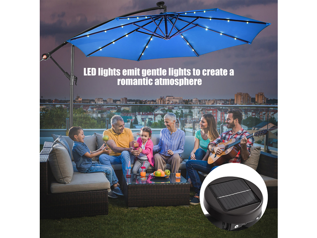 Costway 10ft Solar LED Hanging Patio Umbrella – Offset Market Style W/ Base – Tan