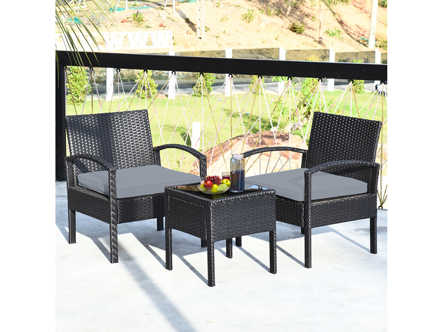 Costway 3PC Patio Rattan Furniture Set Coffee Table Conversation Sofa Cushioned Gray - Black