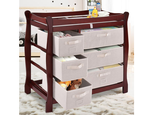 Costway Cherry Sleigh Style Baby Changing Table Diaper 6 Basket Drawer Storage Nursery - Cherry