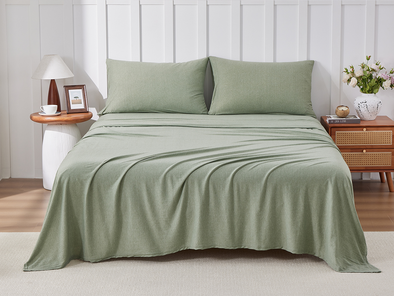 Kathy Ireland 4 Piece Heathered Jersey Knit Cotton Sheet Set (Queen/Olive)