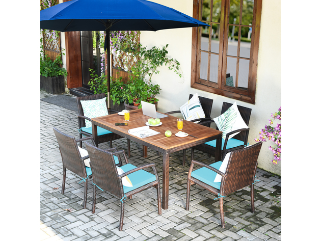 Costway 7 Piece Patio Rattan Dining Chair Table Set W/ Cushion Umbrella Hole Red\\Navy - Turquoise