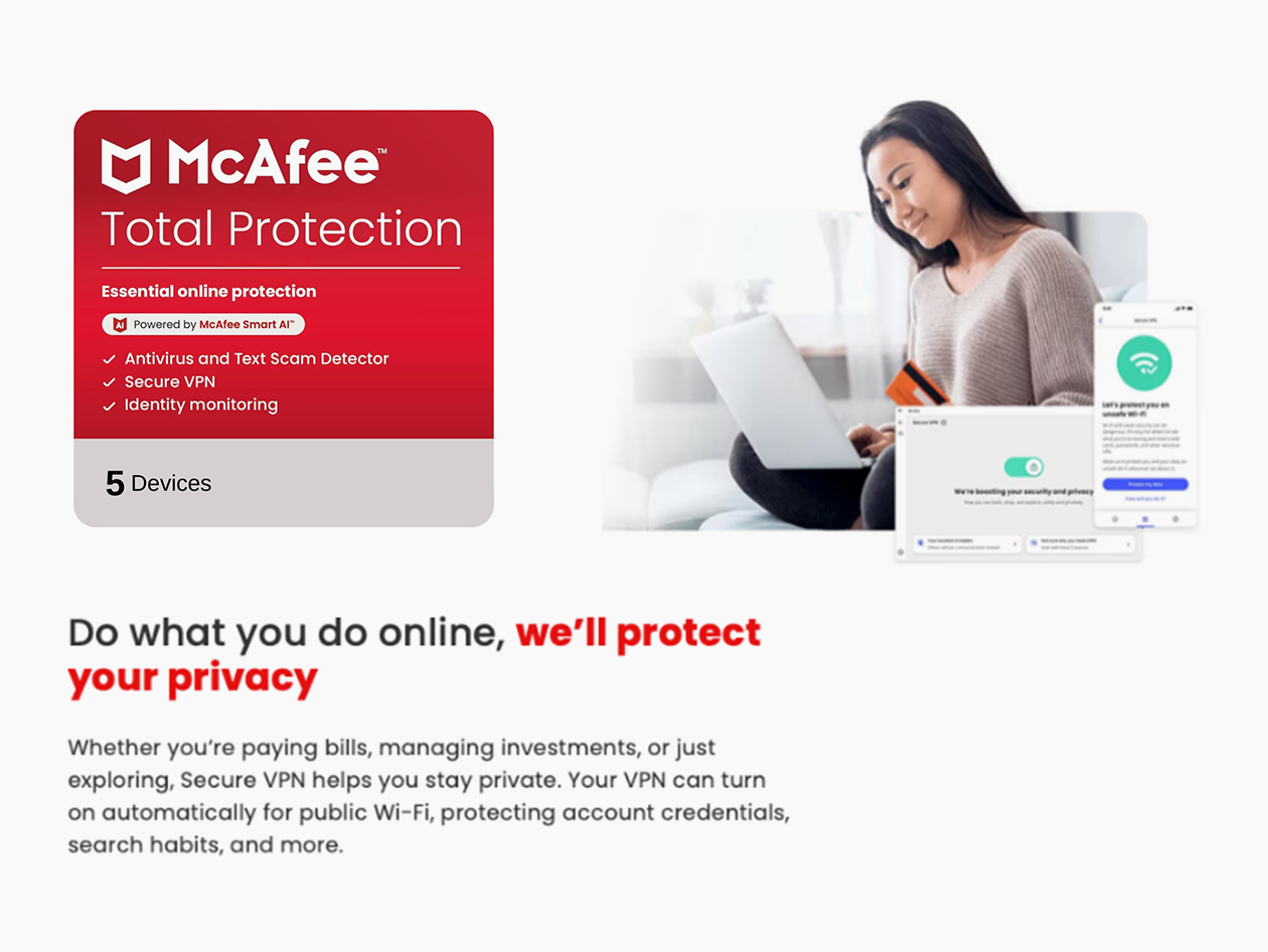 thumbnail image 2 of McAfee Total Protection 2025 - 5 Devices, 2 Years (Email Delivery In 5 Mins) 2 of 5