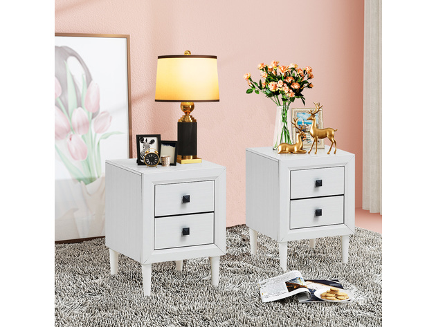 Costway 2 PCs Nightstand End Bedside Coffee Table Wooden Leg Storage Drawers - White