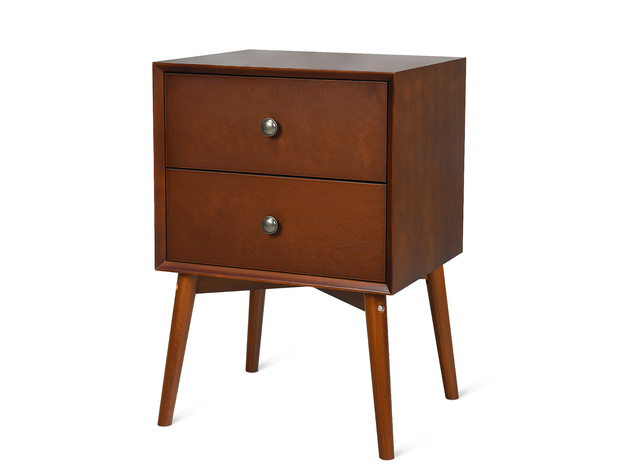 Costway Nightstand Mid-Century End Side Table 2 Drawers Rubber Wood Legs Living Room - Brown