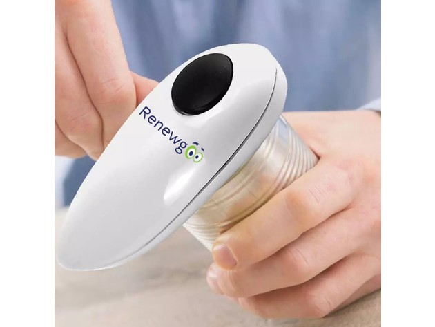Renewgoo One-Touch Hands-Free Electric Can Opener, Kitchen Handheld Ergonomic Design, and Jar Opener Included, White