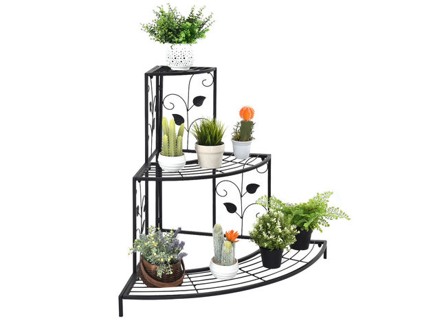 Costway 3 Tier Floral Corner Plant Stand Metal Flower Pot Rack Stair Display Ladder - Black