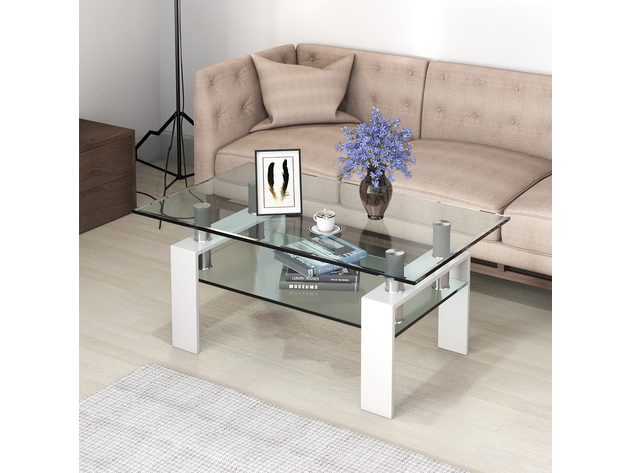 Costway Rectangle Glass Coffee Table Metal Legs End Table Livingroom - White