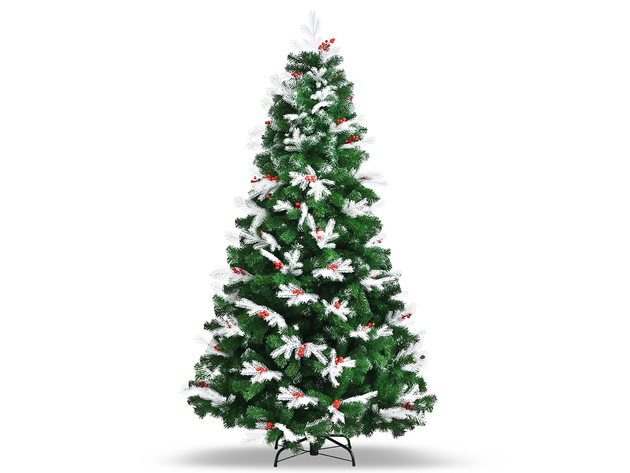 Costway 7ft Unlit Snowy Hinged Christmas Tree w/ 1180 Mixed Tips & Red Berries - Green/White