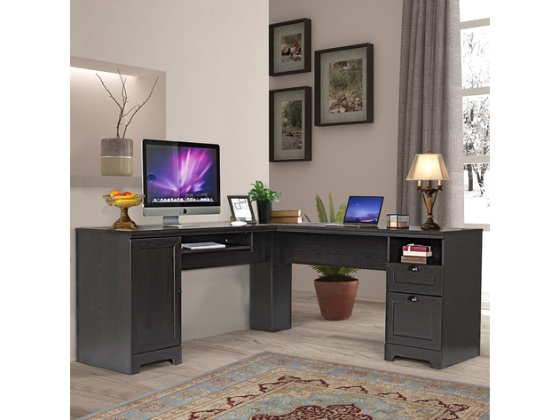 Costway L-Shaped Corner Computer Desk Writing Table Study Workstation Drawers - Dark Coffee