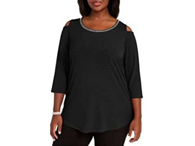 JM Collection Women's Plus Size Diamonte-Trim Cold-Shoulder Tunic Black Size 2 Extra Large