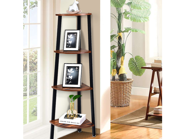 Costway 4-Tier Corner Shelf Metal Storage Rack Domestic Bookcase Display Stand Wood - Brown + black