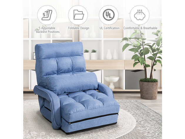 Costway Folding Floor Single Sofa Massage Recliner Chair W/ a Pillow 5 Adjustable Backrest Position Leisure Lounge Couch - Blue