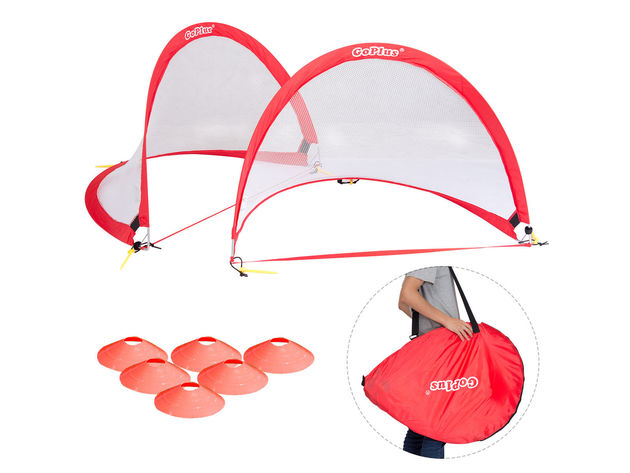 Goplus Set of 2 Portable 4' Pop-Up Soccer Goals Set For Backyard w Carrying Bag 6 Cones Red