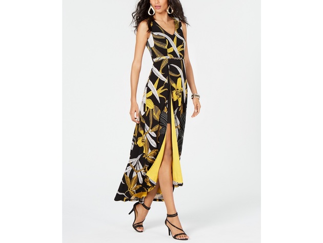 Thalia Sodi Women's Printed Belted-Detail Maxi Dress Gold Floral Size Extra Small