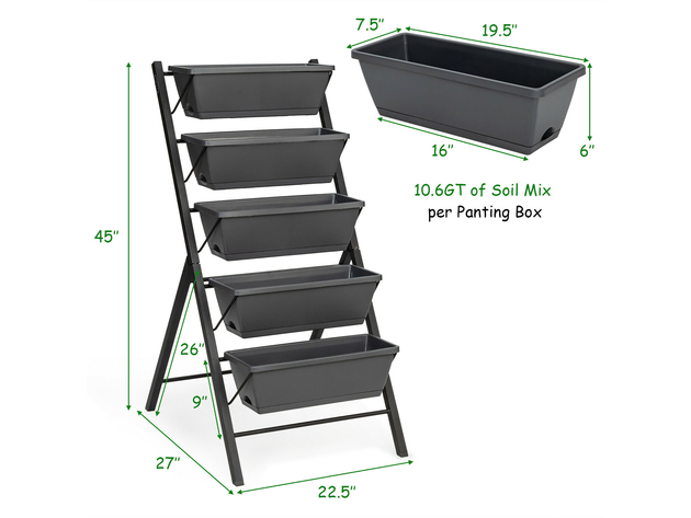 Costway 4 FT Vertical Raised Garden Bed 5-Tier Planter Box for Patio Balcony Flower Herb Gray