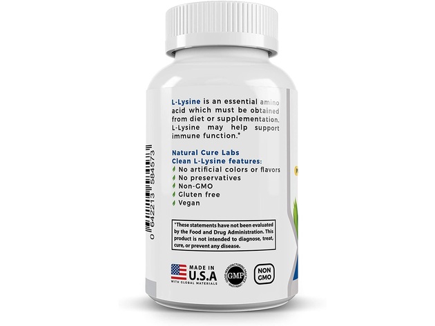 Natural Cure Labs Clean L-Lysine 600 mg - Immune System Support - Gluten Free and NON-GMO, 120 Capsules Dietary Supplement