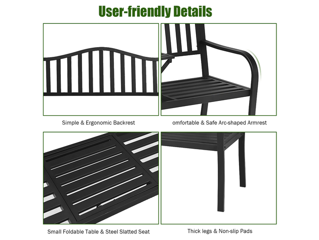 Costway Patio Garden Bench Steel Frame Adjustable Center Table Outdoor Porch Loveseats - Black