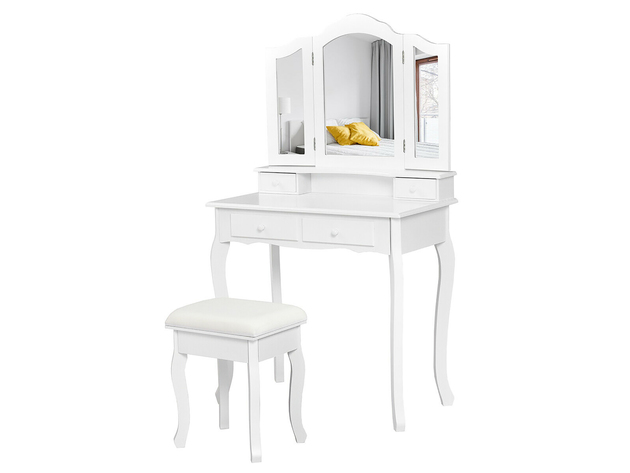 Costway Vanity Makeup Dressing Table Stool 4 Jewelry Wood Desk - White