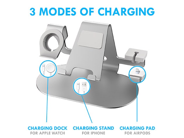 Trio 3-in-1 Aluminum Desktop Charging Stand (Silver)
