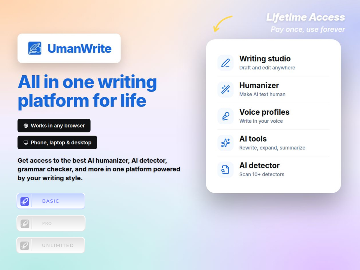 UmanWrite - AI Humanizing Content Creator - Basic Plan: Lifetime Subscription