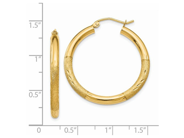 Medium Satin and Diamond Cut Hoop Earrings in 14K Yellow Gold 1 Inch (3 ...