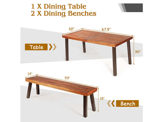 Costway 3 Piece Picnic Table Set Acacia Wood Table Bench with Steel Legs Outdoor Patio Red Brown + Dark Brown