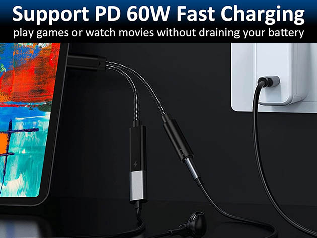 USB-C to 3.5mm Audio Jack Adaptor & Charger Splitter with 60W Fast Charging