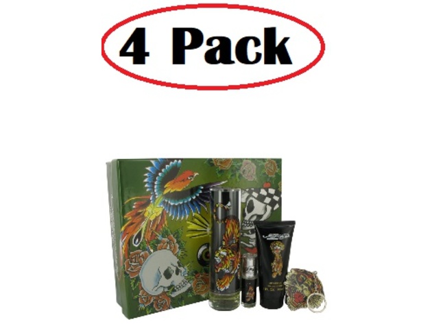 4 Pack of Ed Hardy by Christian Audigier Gift Set -- 3.4 oz Eau De Toilette Spray + 3 oz Shower Gel + .25 oz Mini EDT + Keychain