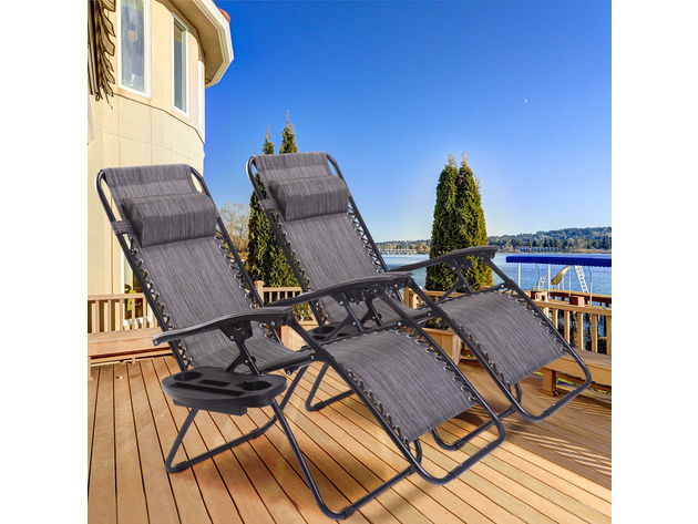 Costway 2 Piece Folding Zero Gravity Reclining Lounge Chairs Beach Patio W/Utility Tray Gray