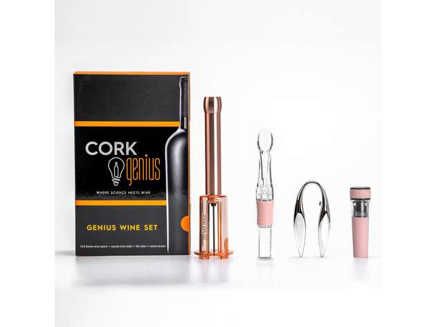 Cork Genius Wine Opener Set (4-Piece) with Wine Accessories - Rose Gold