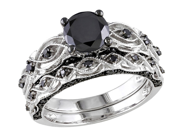 1.39 Carat (ctw) Black Diamond Engagement Ring and Wedding Band Set in 10K White Gold - 10