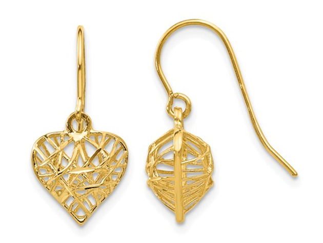 14K Yellow Gold Diamond Cut Puffed Heart Dangle Earrings