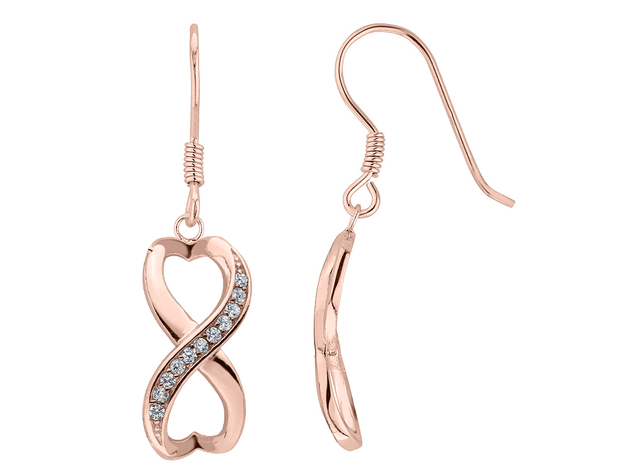 Double Heart Synthetic White Topaz Earrings in Sterling Silver with Rose Pink Gold