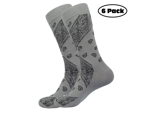 Daydana Latest Trend Mens One Size Crew Cotton Paisley Bandana Socks - 6 Pairs - Grey