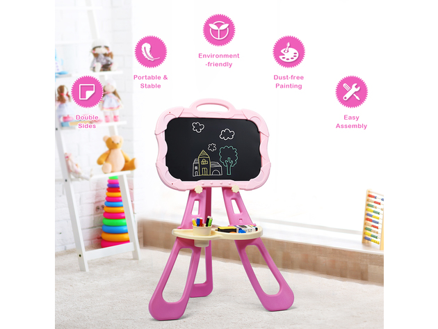 Costway 4 in 1 Kids Art Easel Magnetic Double Sided Chalkboard Whiteboard w/ Accessories - Pink