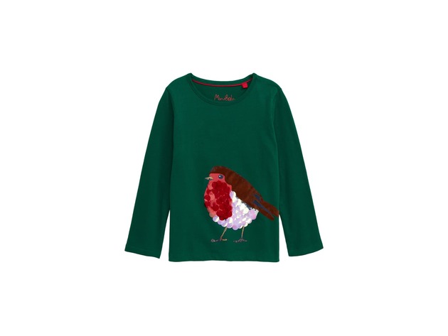 Girl's Mini Boden Sparkly Festive Animal Robin Bird Tee, 100% Cotton, Size: 9-10 Years Old, Green