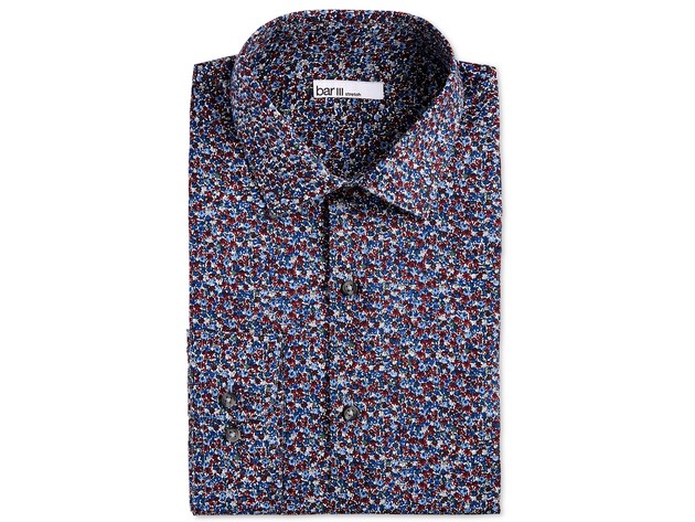Bar III Men's Slim-Fit Performance Stretch Floral-Print Dress Shirt Red Size 32-33