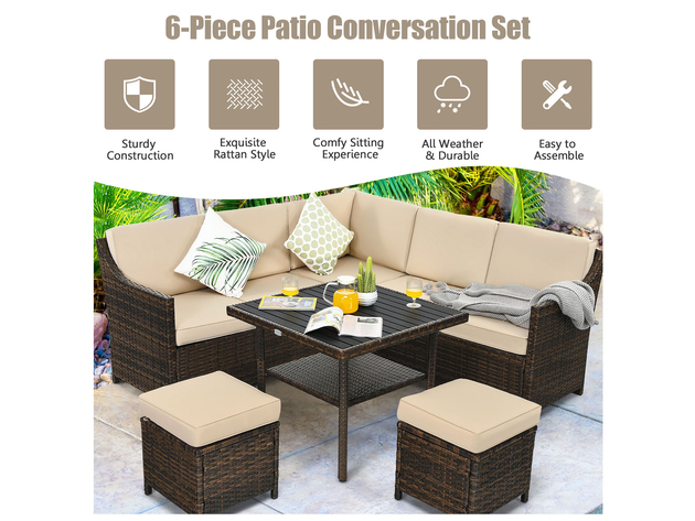 Costway 6PCS Patio Rattan Dining Sofa Furniture Set Ottoman Table Lower Shelf - Beige