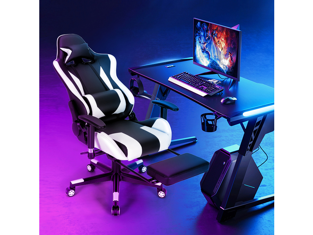 Costway Massage Gaming Chair Recliner Gamer Racing Chair w/ Lumbar Support & Footrest - White and Black