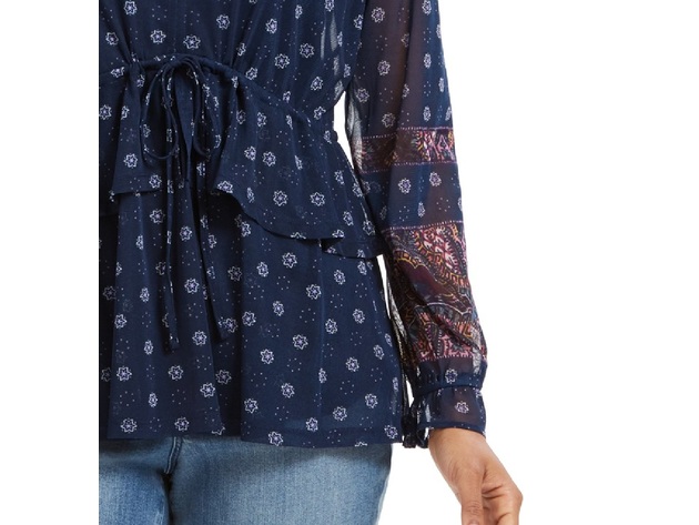 Style & Co Women's Tie-Front Floral Print Peasant Blouse Navy Size Extra Large