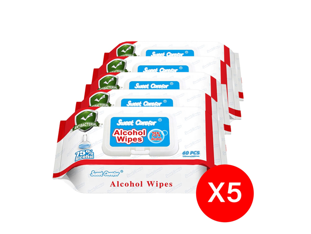 5 Pack (300 Pieces) Wipes 75% Alcohol Hand Surface Use