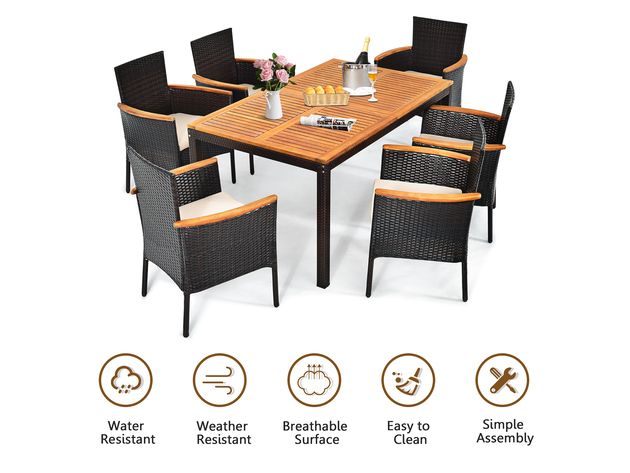Costway 7 Piece Patio Rattan Dining Set Armrest Cushioned Chair Wooden Tabletop - Brown