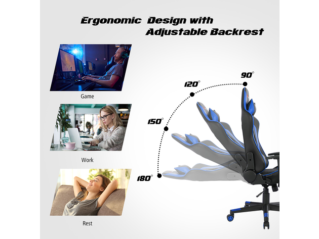 Goplus Massage Gaming Chair Reclining Racing Chair w/Lumbar Support and Headrest White\Blue\Pink\Red - Blue