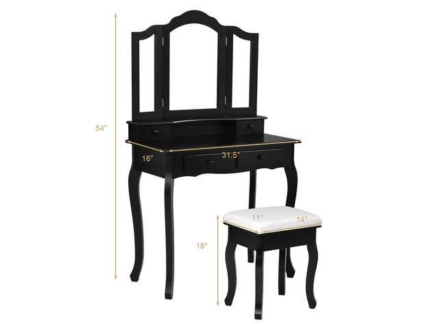 Costway Vanity Makeup Dressing Table Set W/Stool 4 Drawer&Mirror Jewelry Wood Desk Black