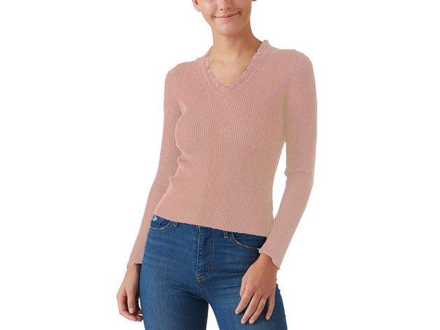 Hooked Up Juniors' Ruffled V-Neck Sweater Pink Size Large