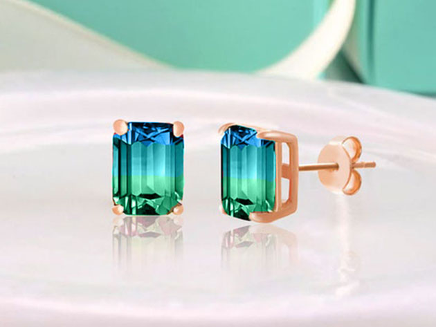 Stud Earrings with Emerald Cut Swarovski Crystals (Aqua/Green)