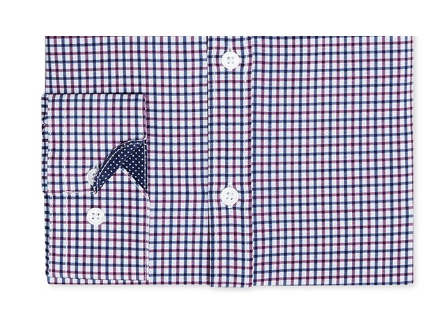 Society of Threads Men's Slim-Fit Performance Stretch Small Check Dress Shirt Red Size Large