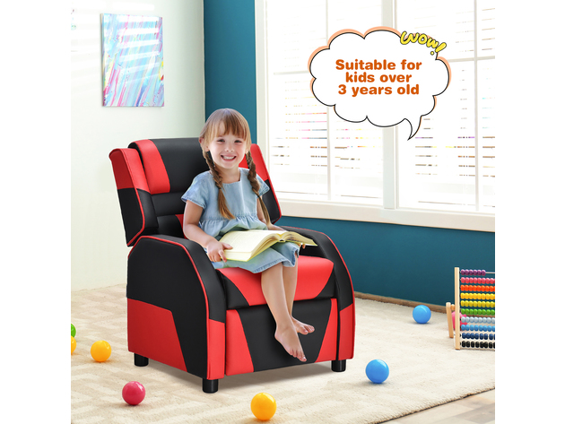 Costway Kids Youth Gaming Sofa Recliner w/Headrest & Footrest PU Leather Yellow\White\Blue - Red