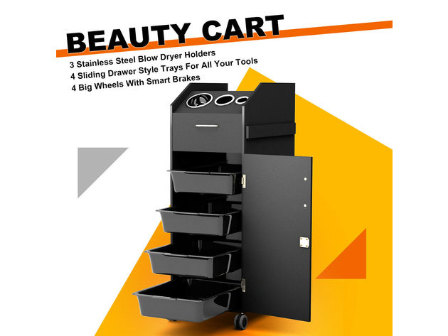 Costway Black Beauty Salon Spa Rolling Trolley 4 Storage Trays &Locking Door Equipment - Black